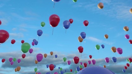 cgi: large collection of colorful balloons rise into cheery blue sky - looping