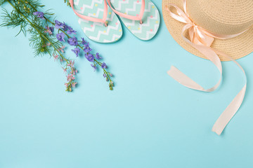 Summer subject photography. A hat, flip-flops and sunglasses