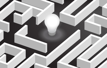 Poster - Glowing light bulb at center of maze . Concept for problem solving,solution strategy and idea.