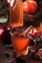 Hot mulled apple cider with with cinnamon sticks, cloves and anise on wooden background. Traditional autumn, winter drinks and cocktails