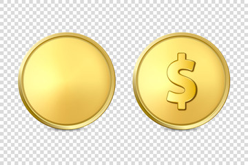 Vector 3d Realistic Golden Metal Coin Icon Set, Blank and with Dollar Sign, Closeup Isolated on Transparent Background. Design Template, Clipart of Gold Money, Currency. Financial Concept. Front View