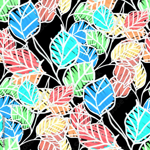 Creative seamless pattern with tropical flowers and leaves. Bright summer pri...