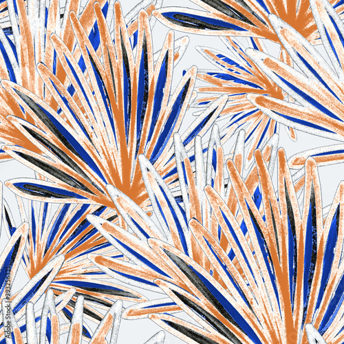 Creative seamless pattern with tropical flowers and leaves. Bright summer pri...