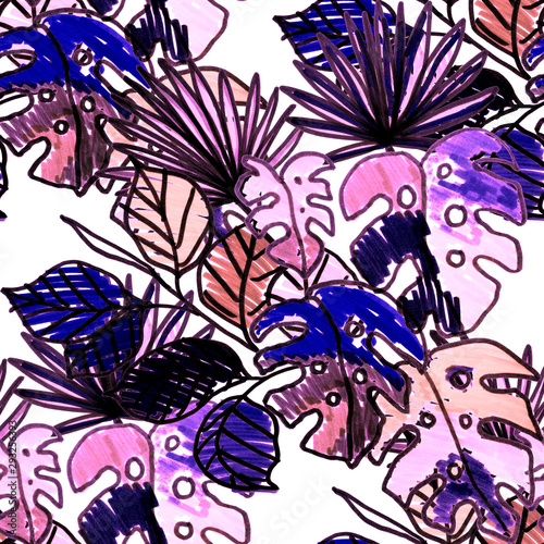 Creative seamless pattern with tropical flowers and leaves. Bright summer pri...