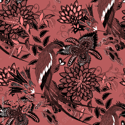 Creative seamless pattern with hand drawn fantasy flowers and bird. Trendy fa...