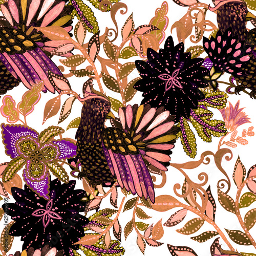 Creative seamless pattern with hand drawn fantasy flowers and bird. Trendy fa...