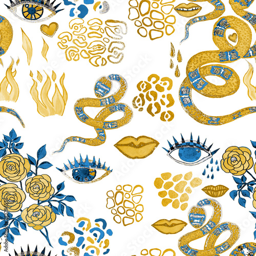 Creative seamless pattern with hand drawn snakes, lips, eyes, roses, leopard ...