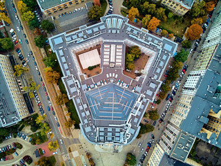 Beautiful panoramic aerial drone view to The Main Building of the Warsaw University of Technology - the historic building located on the square of the Warsaw University of Technology