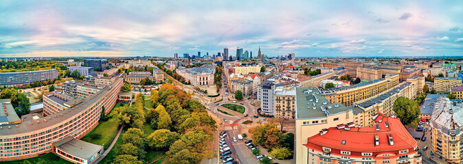 Beautiful panoramic aerial drone view to The Main Building of the Warsaw University of Technology - the historic building located on the square of the Warsaw University of Technology