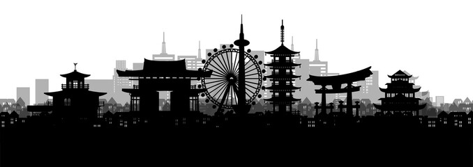 Fototapete - Silhouette panorama view of Kyoto city skyline with world famous landmarks of Japan in paper cut style vector illustration.