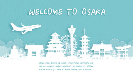 Wall Mural - Travel poster with Welcome to Osaka, Japan famous landmark in paper cut style vector illustration.