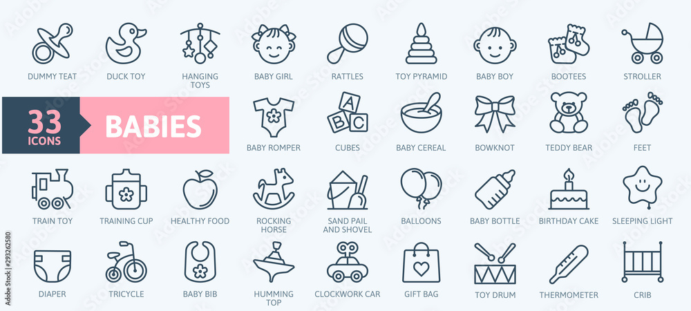 Babies, baby toys, feeding and care elements - thin line web icon set. Outline icons collection. Simple vector illustration. - obrazy, fototapety, plakaty 