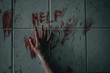 Horror woman write a message requesting help with blood in hand, Halloween murder concept.