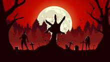 Zombie Arm Out From Ground Of Grave In A Full Moon Night And Red Sky. Silhouette Background For Horror Concept.