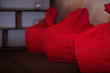 three red bean bag chairs in the interior