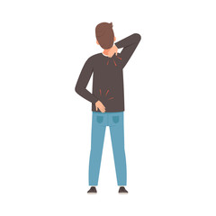 Sticker - Man holds on to a sore neck and lower back. Vector illustration.