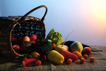 Poster - basket and vegetables, fruits on the table