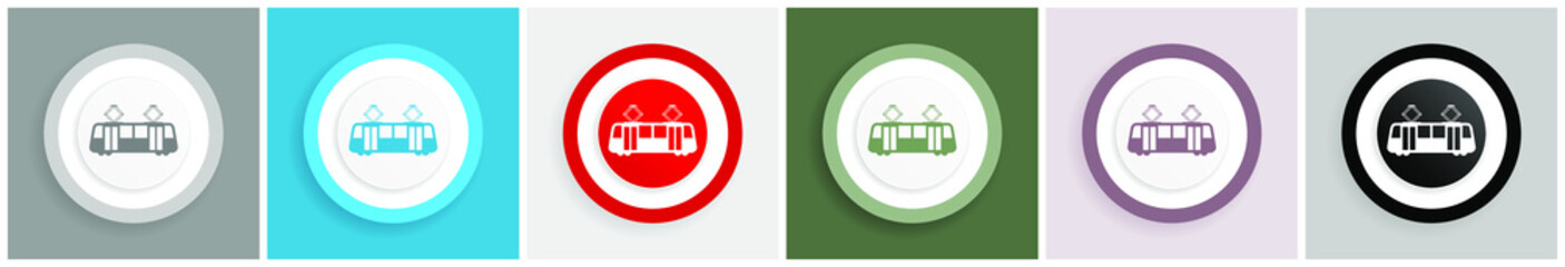 Poster - Tram icon set, colorful flat design vector illustrations in 6 options for web design and mobile applications