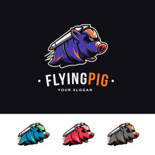 Flying Rocket Pig Mascot Cartoon Logo