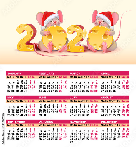 2020 год по лунному календарю 2020 year of mouse to Chinese calendar. Wall calendar grid template. Santa mouse