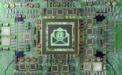 Fototapete - close-up view of a modern gpu card with email icon 3d rendering