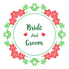  Lettering of bride and groom, with texture of green leafy flower frame. Vector