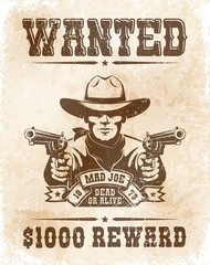 cowboy wanted poster - vintage retro style. wild west bandit wanted reward paper. vector illustratio