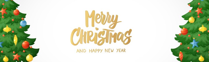 Merry Christmas banner. Cartoon Christmas tree branches on white background. Decorations with stars, balls and garlands