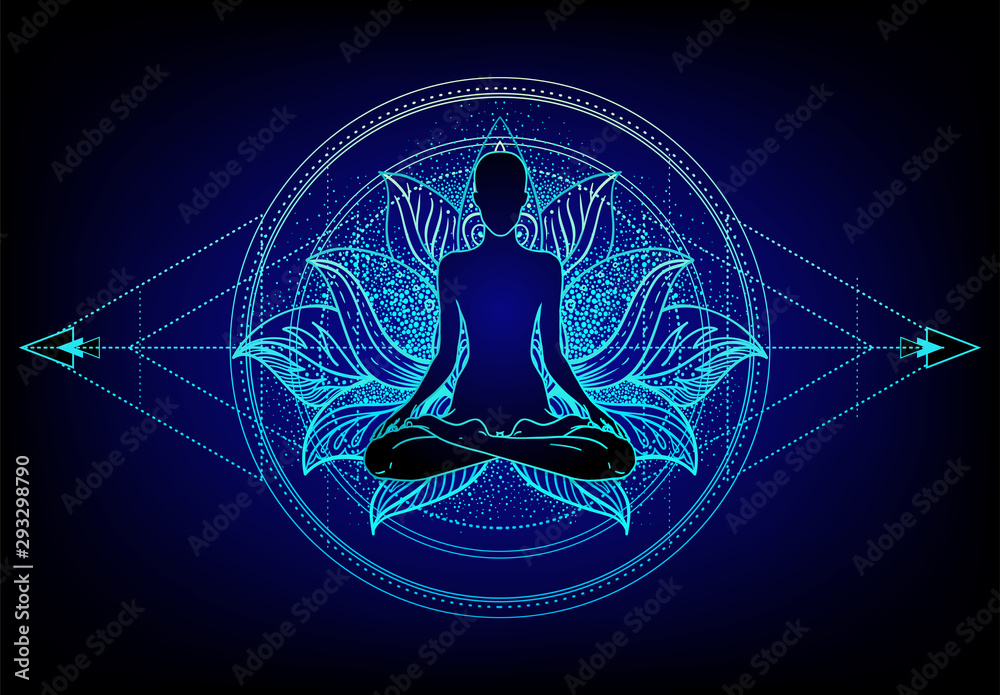 Chakra concept. Inner love, light and peace. Buddha silhouette in lotus position over colorful ornate mandala. Vector illustration isolated. Buddhism esoteric motifs. - obrazy, fototapety, plakaty 