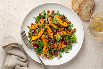 Vegan grilled pumpkin and roasted chickpeas salad