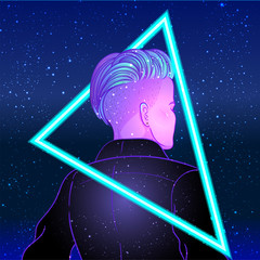 Portrait of a young pretty androgynous woman with short shaved pixie undercut in retro futurism style. Vector illustration in neon bright colors. Blue short hair. futuristic synth wave