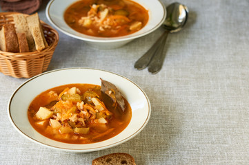 Wall Mural - Vegetable soup with pickled cucumbers and rice 