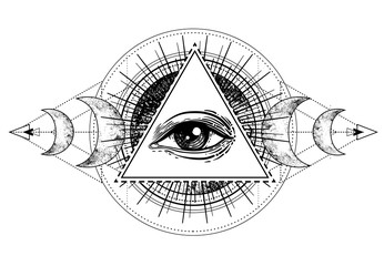 Eye of Providence. Masonic symbol. All seeing eye inside triple moon pagan Wicca moon goddess symbol. Vector illustration. Tattoo, astrology, alchemy, boho and magic symbol.