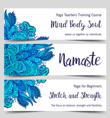 Stretch and Strength. Yoga card design. Colorful template for spiritual retreat or yoga studio. Ornamental business cards. Vector illustration