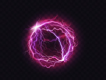 Electric Ball, Lightning Circle Strike Impact Place, Plasma Sphere In Purple Color Isolated On Dark Background. Powerful Electrical Discharge, Magical Energy Flash. Realistic 3d Vector Illustration