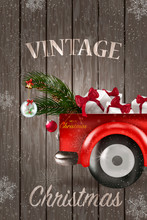 Merry Christmas And Happy New Year With Red Truck And Christmas Tree.