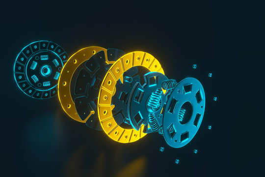 3d rendering. Spare parts for car and truck clutch disk. Auto parts for transmission. Separate image of all in clutch disk objects.