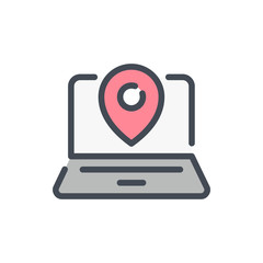 Poster - Online map color line icon. Laptop with location pointer vector outline colorful sign.