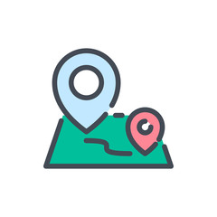 Poster - Trip distance color line icon. Map with two location pointersvector outline colorful sign.