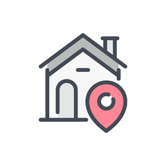 Poster - Home location color line icon. House with pointer vector outline colorful sign.