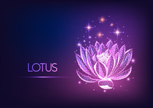 Futuristic Glowing Low Polygonal Waterlily, Lotus Flower With Stars Isolated On Dark Blue To Purple Gradient Background.