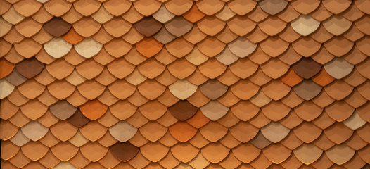 Poster - Mosaic orange circle or fish skin tiles on roof or wall decoration for wallpaper. Interior architecture design pattern material texture background.
