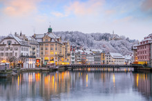 Historic City Center Of Downtown Lucerne With  Chapel Bridge And Lake Lucerne In Switzerland