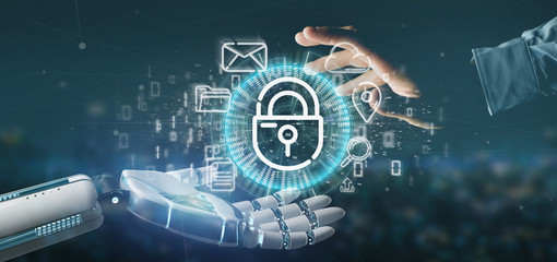 Poster - Cyborg holding a Security padlock wheel icon with multimedia and social media icon 3d rendering