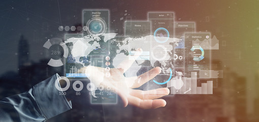 Poster - Businessman holding User interface screens with icon, stats and data 3d rendering