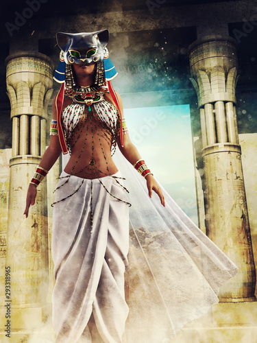 Cuadros en Lienzo Ancient Egyptian priestess with a mask of the cat goddess Bast standing between two pillars