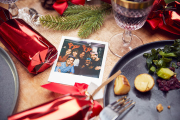 Messy Table With Leftover Vegetarian Meal After Christmas Lunch With Instant Film Print