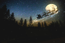 Noise Pic,Christmas,Merry Christmas And Happy Holidays! Santa Claus Flying In His Sleigh Against Moon Sky. 
