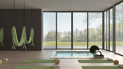 Wall Mural - Empty yoga studio interior design, minimal open space with mats, hammocks and accessories, spa pool, bonsai, ready for yoga practice, panoramic window with summer panorama