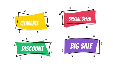 Wall Mural - 	 Flat linear promotion ribbon banner, scroll, price tag, sticker, badge, poster. Vector illustration